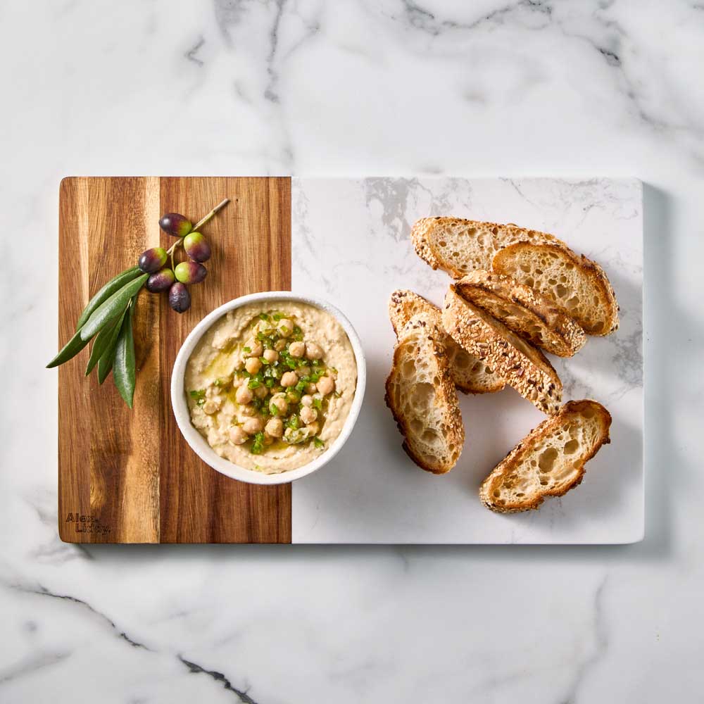 40cm Acacia and Marble Serving Board  with bread and dip - House