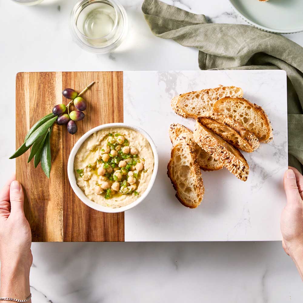 40cm Acacia and Marble Serving Board  with bread and dip - House