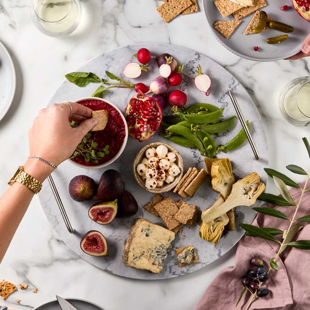 Round Marble Serving Board with Handles with charcuterie - House