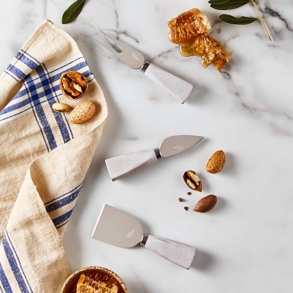 Set of 3 Marble and silver Cheese Knives on marble - House