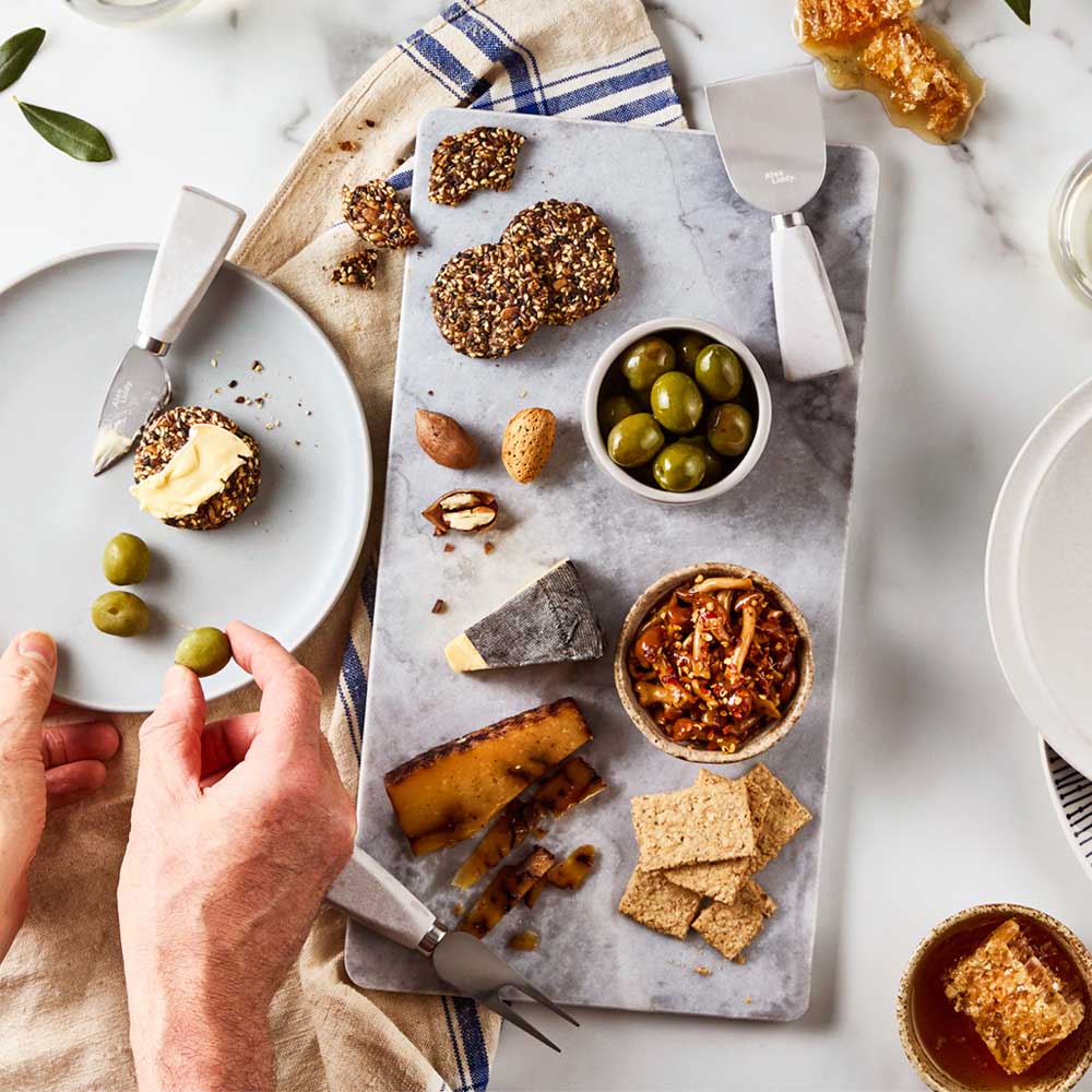 Set of 3 Marble and silver Cheese Knives on marble board - House