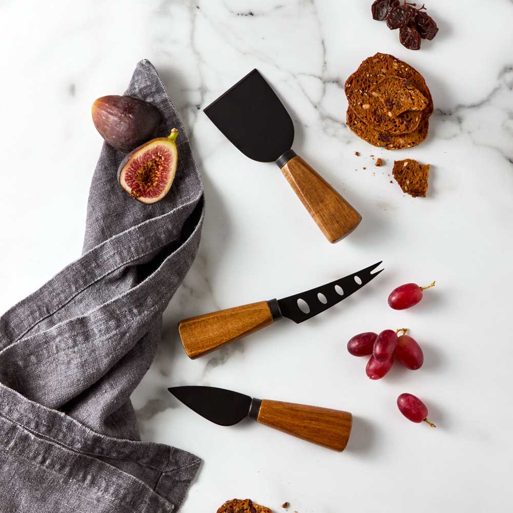 Set of 3 Acacia and Black Cheese Knives - House