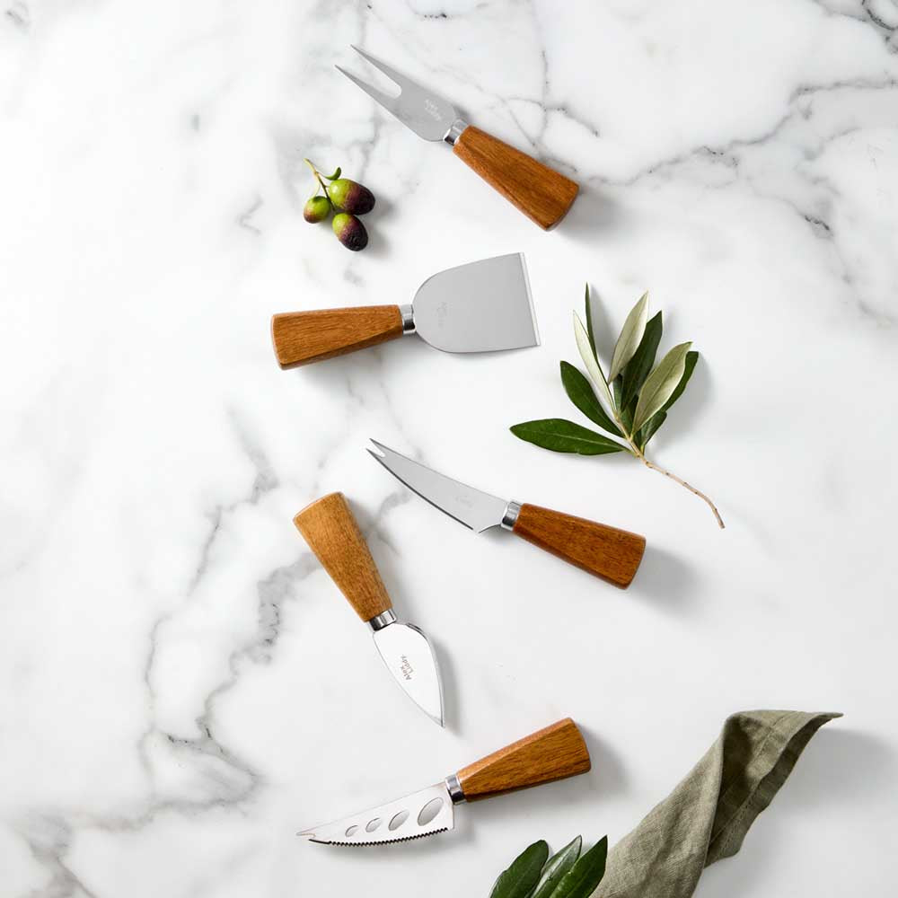 Set of 5 Acacia Wood Cheese Knives on marble - House
