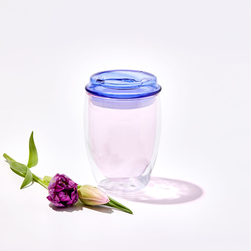 Pink double wall glass travel cup with blue lid - House