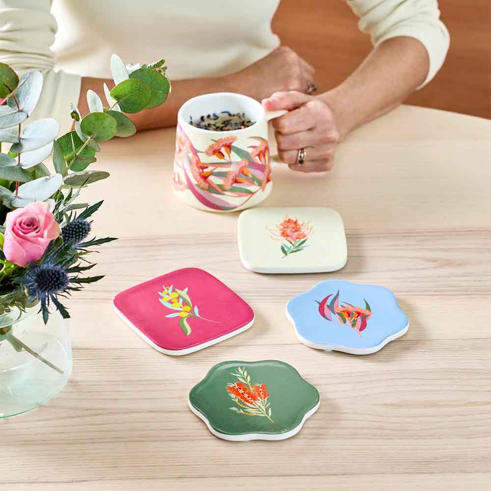 A variety of coasters with Australian flora designs