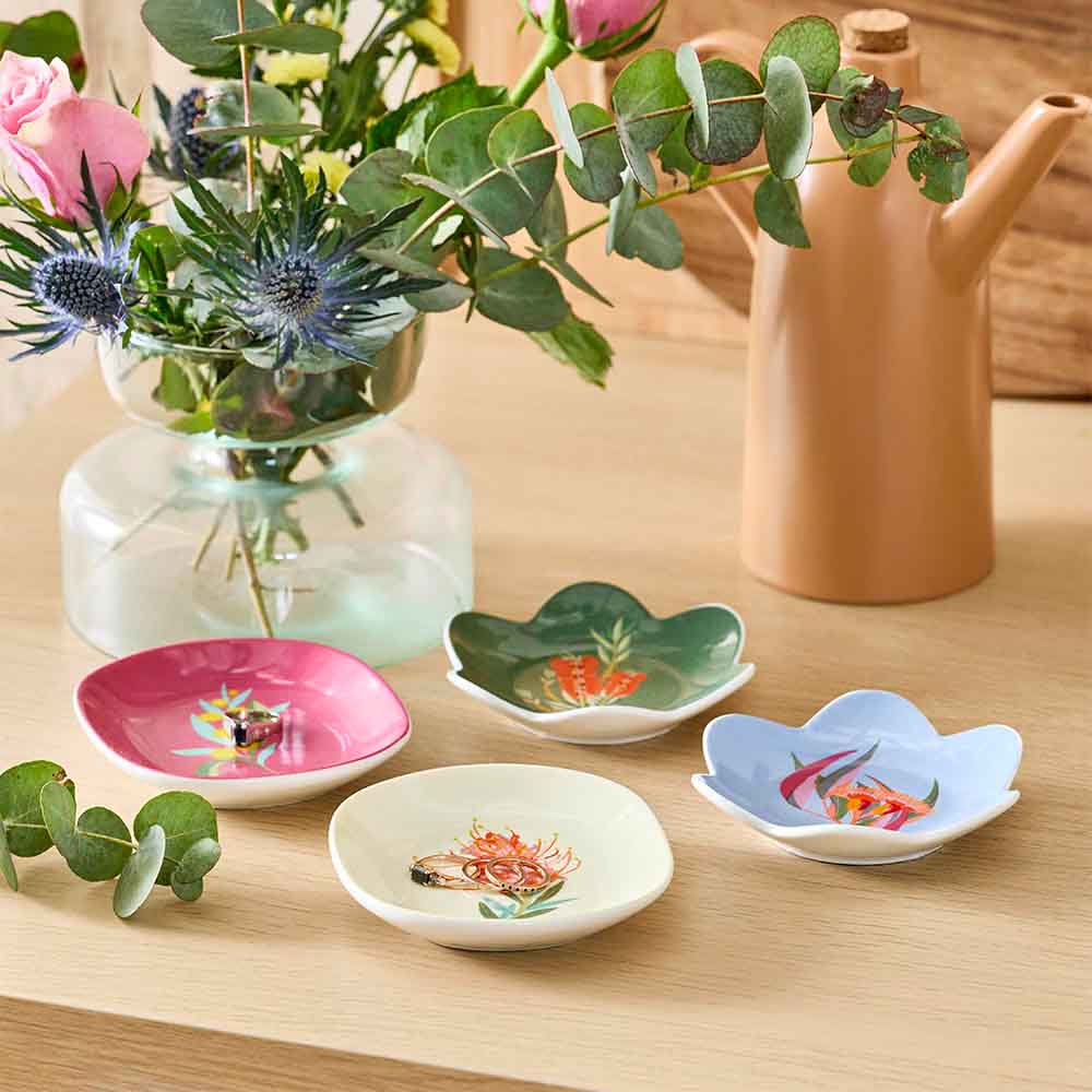 mini trinket trays in various colours and shapes with Australian flora design