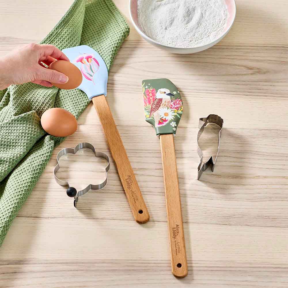 group of spatulas with Australian prints with cookie cutter and egg ring