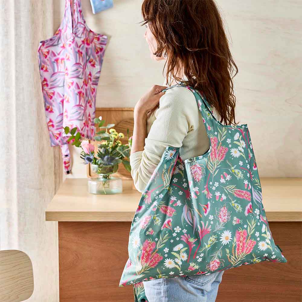 Foldable reusable shopping bags in Australian native prints