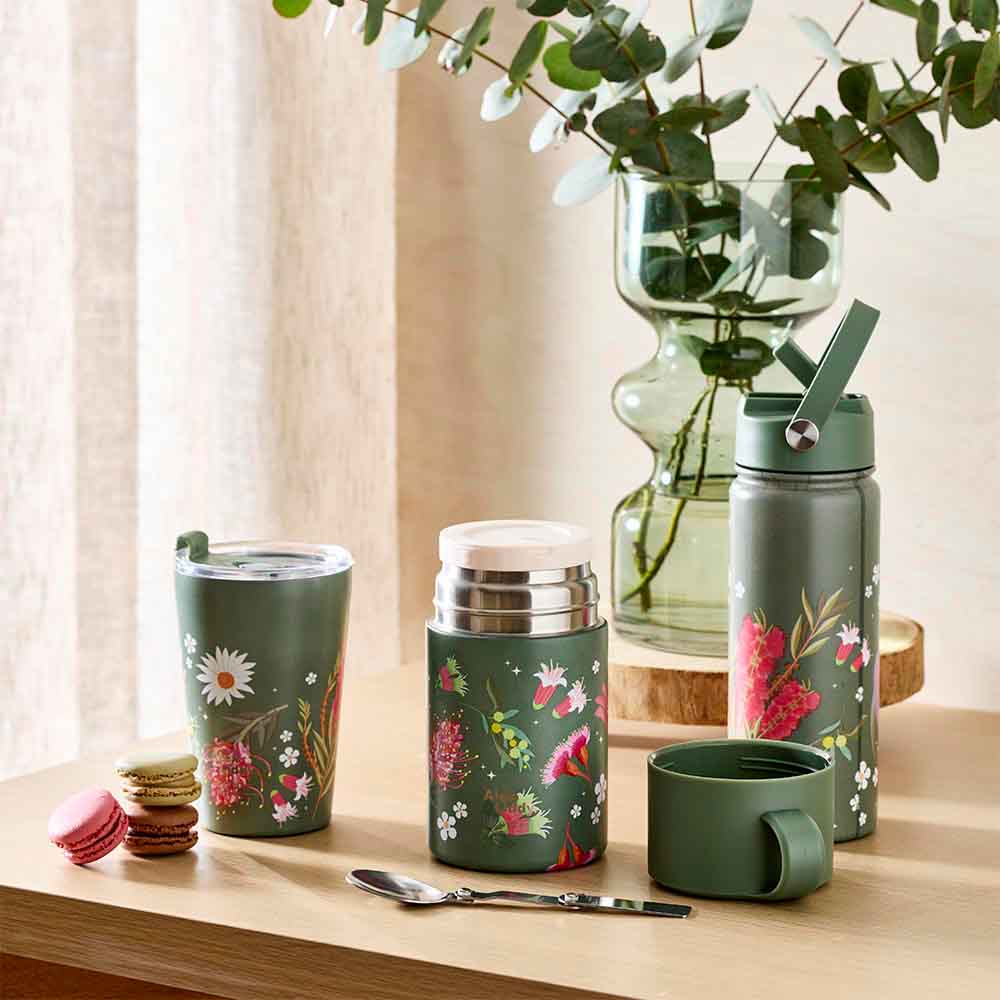 green travel mug with Australian natives with coordinating products