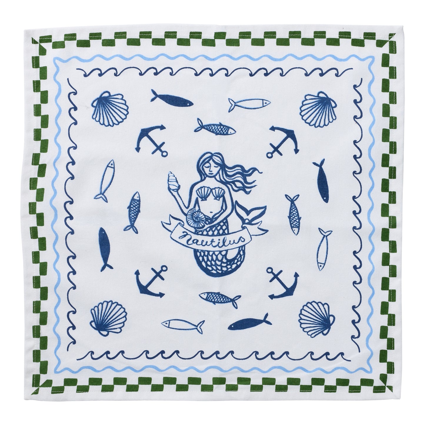 Porto Natutilus napkin with oceanic motifs in a deep blue, and a green checkered pattern around the edges.