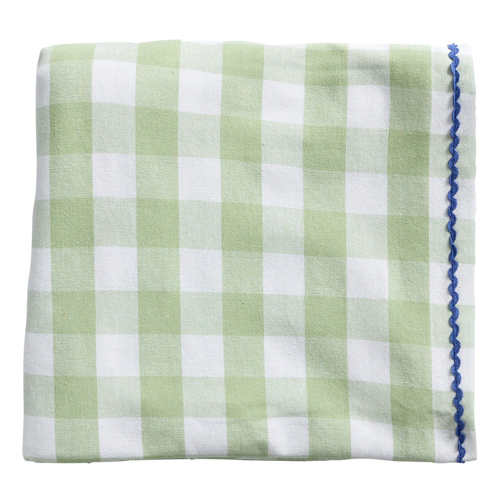 The Porto tablecloth with a sage gingham design and blue curved stitching on the edges.
