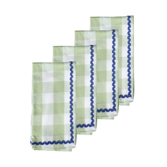 The Porto set of four napkins in a sage green gingham design with a blue stitched design around the edges.