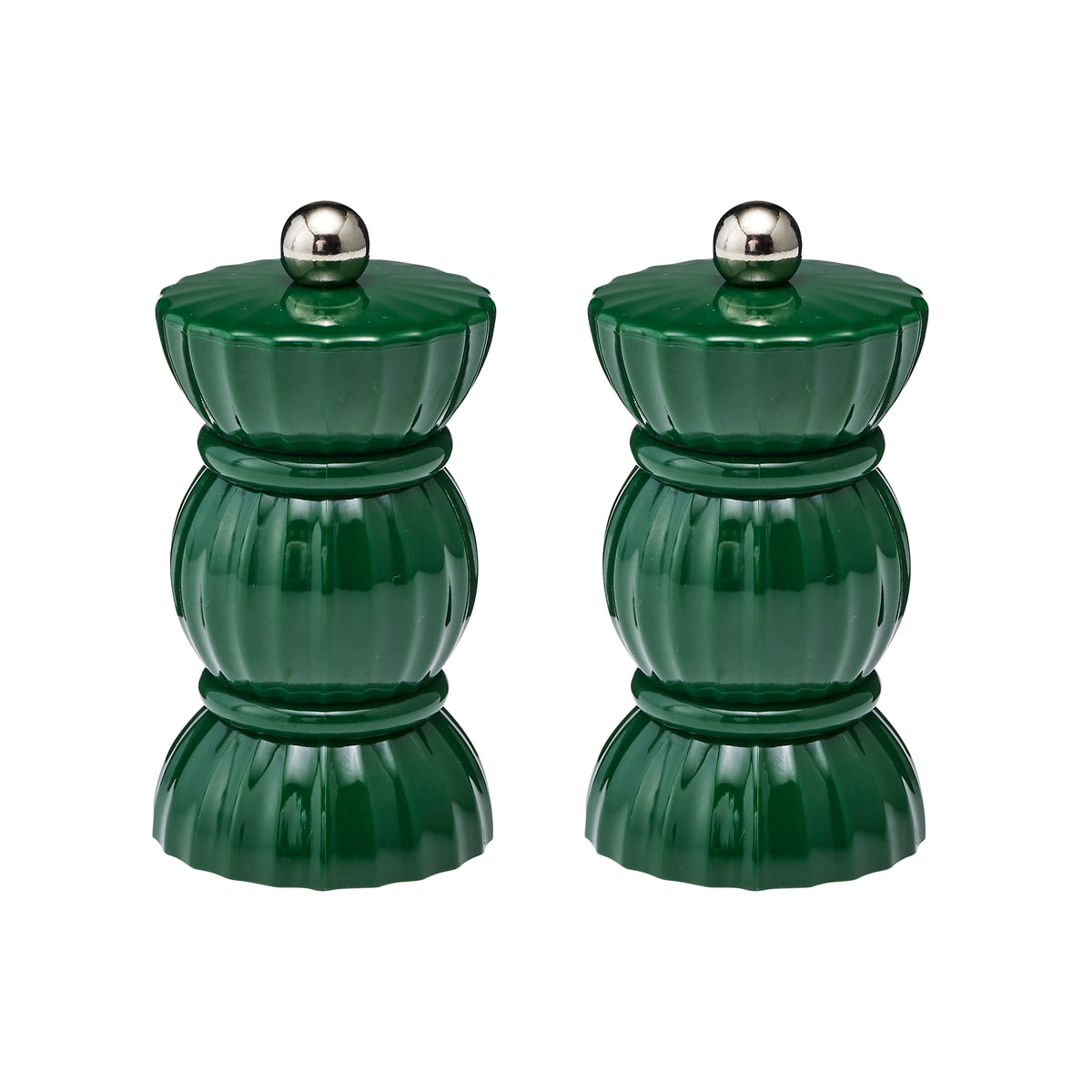 The Porto salt and pepper grinders are shaped like a bon bon and have a shiny forest green finish.