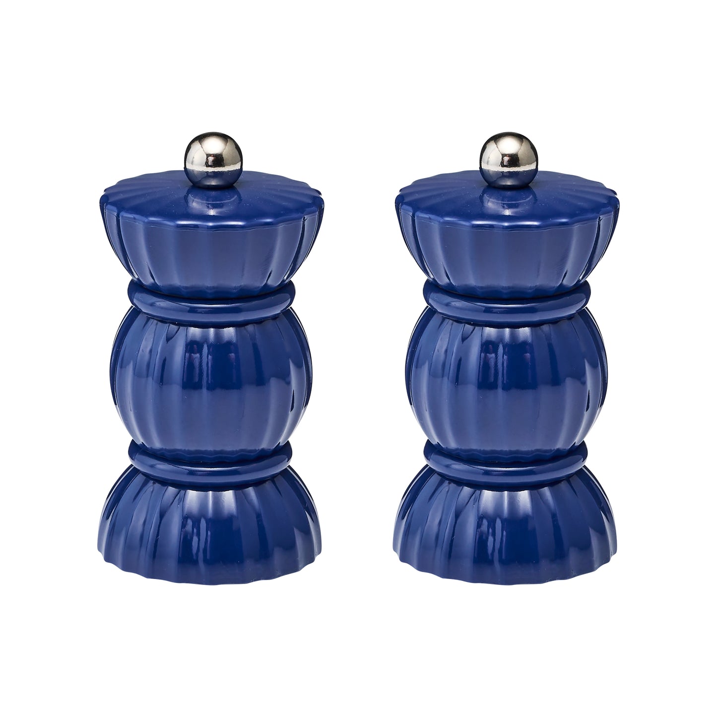 The navy Porto salt and pepper shakers are in the shape of a bon bon elevating your table setting.