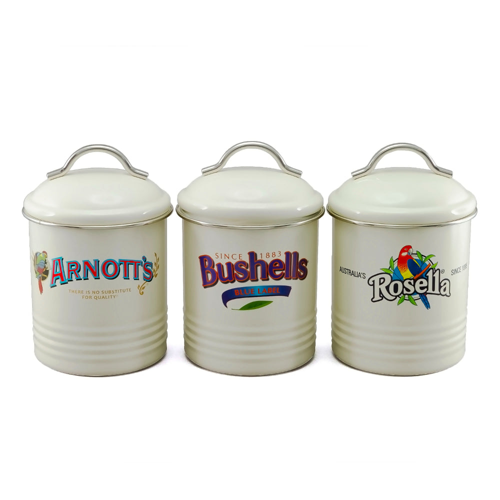 Rojo Arnotts, Bushells & Rosella Canisters Set Of 3 Powder Coated With Sealed Rim Cream