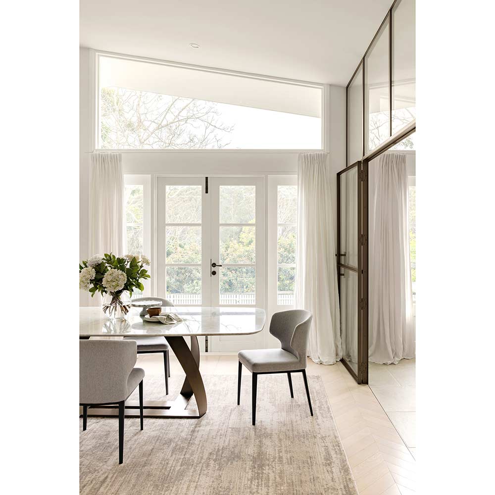 Darren Palmer Morgana Rug in Stone marle in dining room setting at House