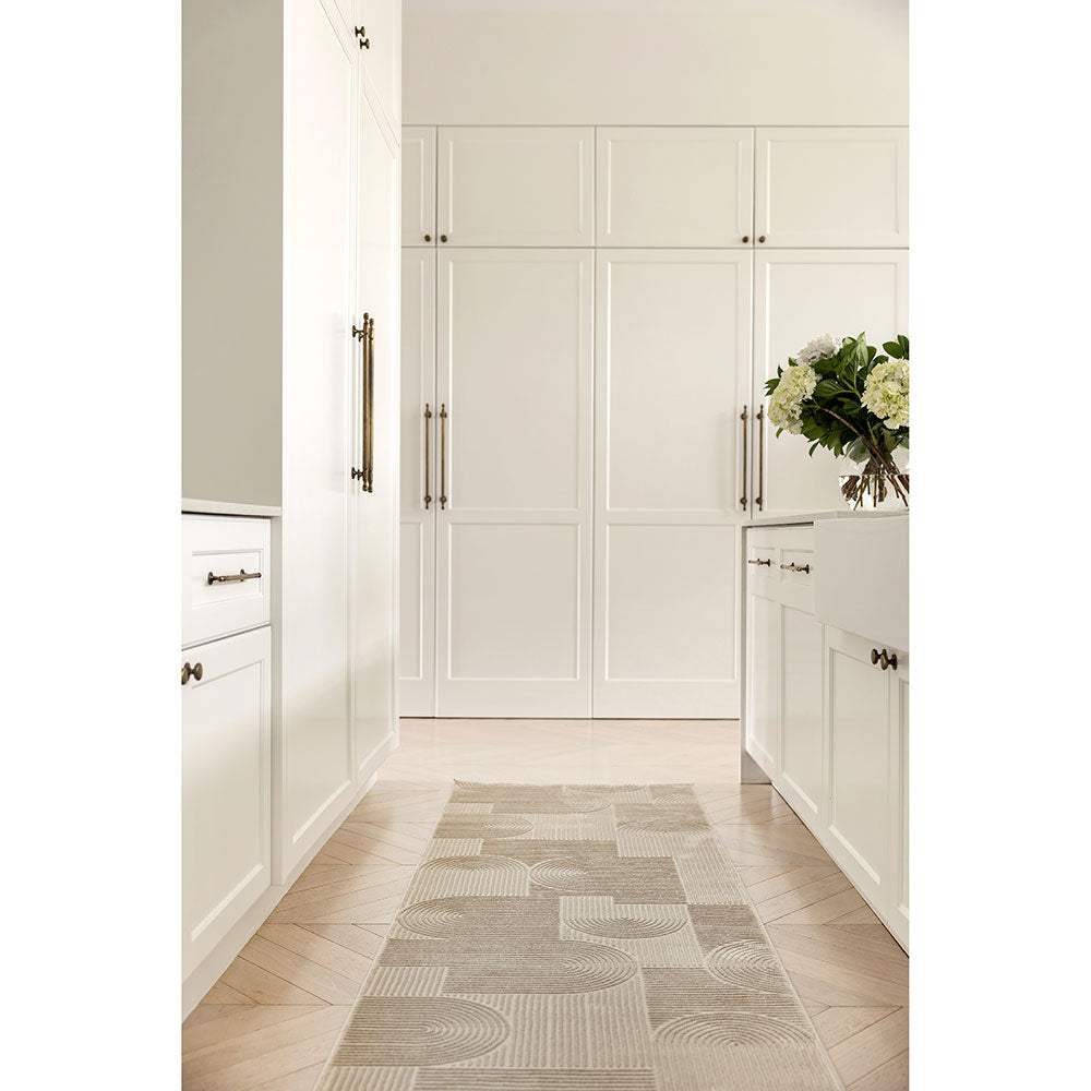 Darren Palmer Raking Runner in Linen Cream in kitchen with flowers on the counter at House