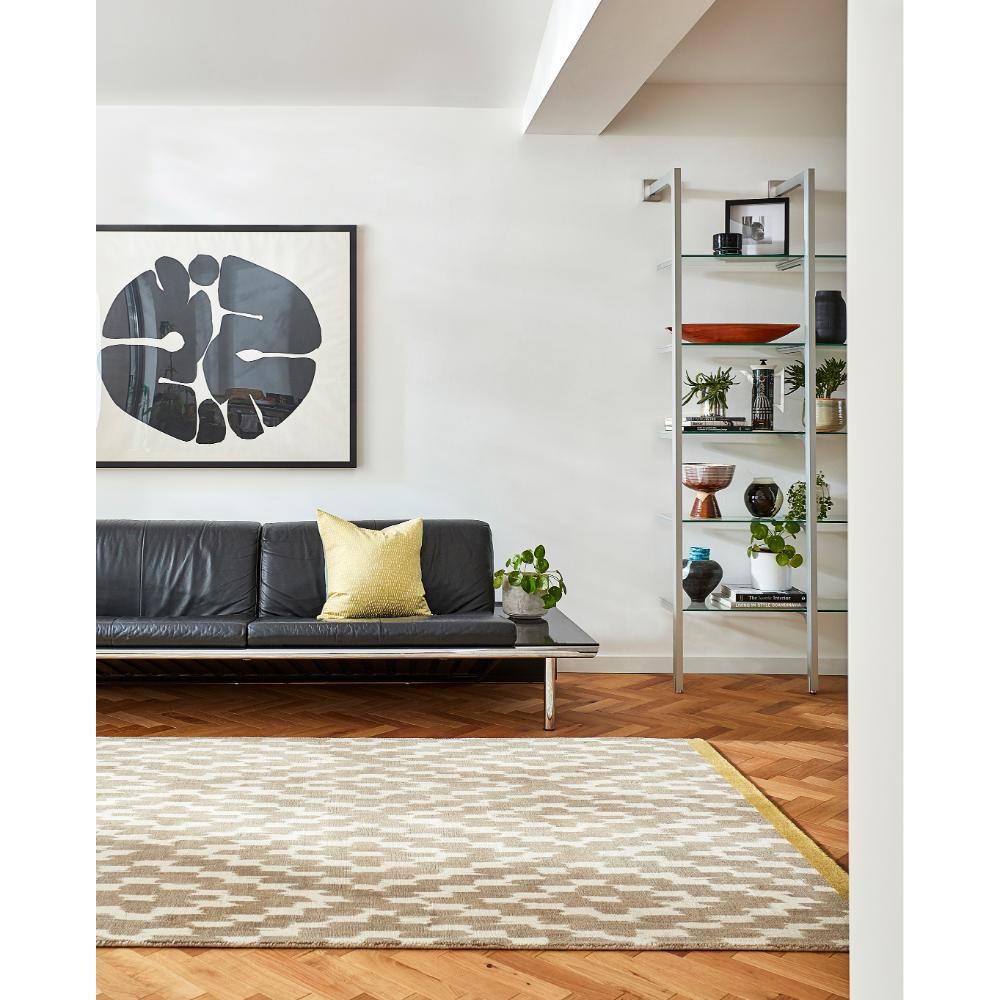 Grey geo diamond print Wool Rug in loungeroom - House