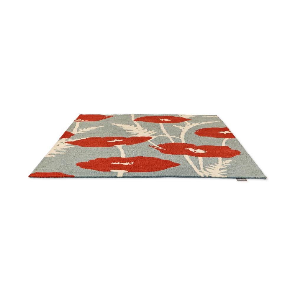 sage wool rug with red poppies angled image - House