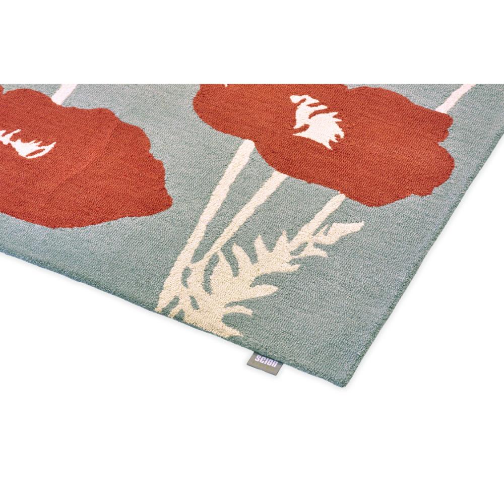 sage wool rug with red poppies detailed image - House