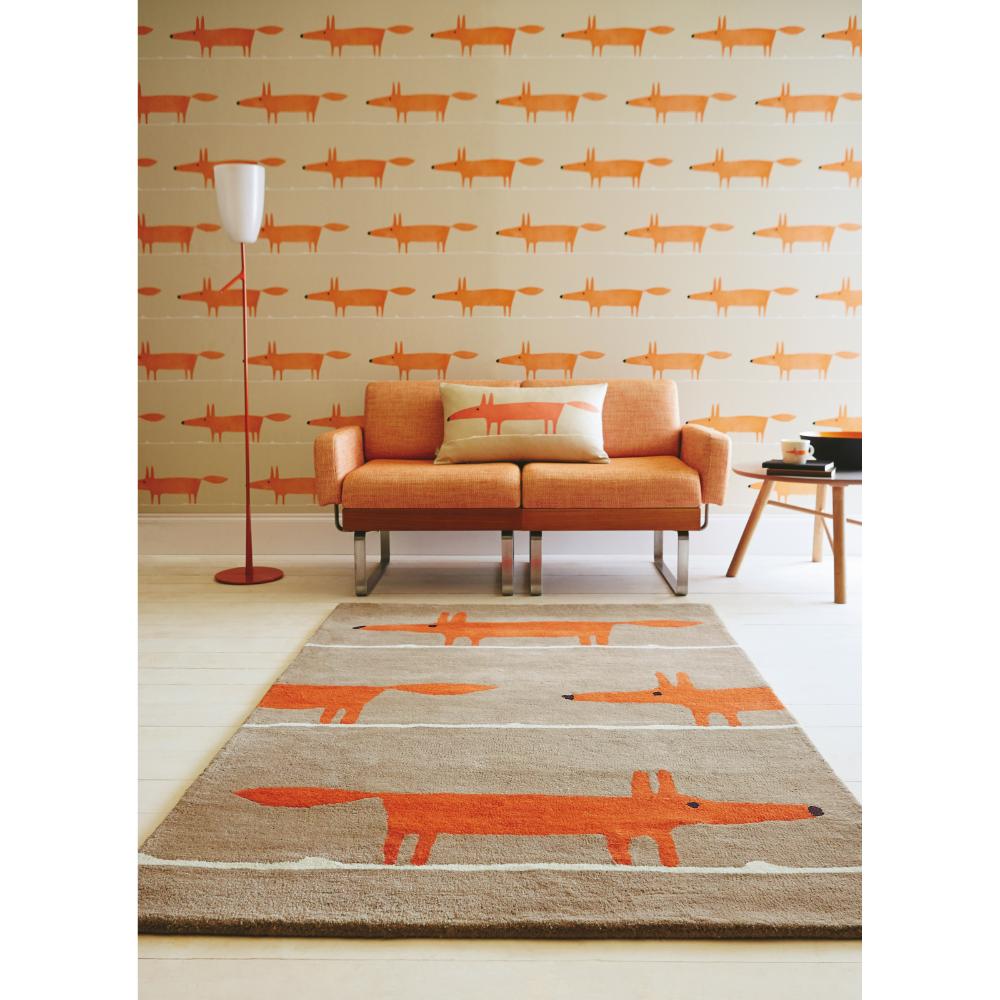 brown and orange fox print wool rug with matching wallpaper - House