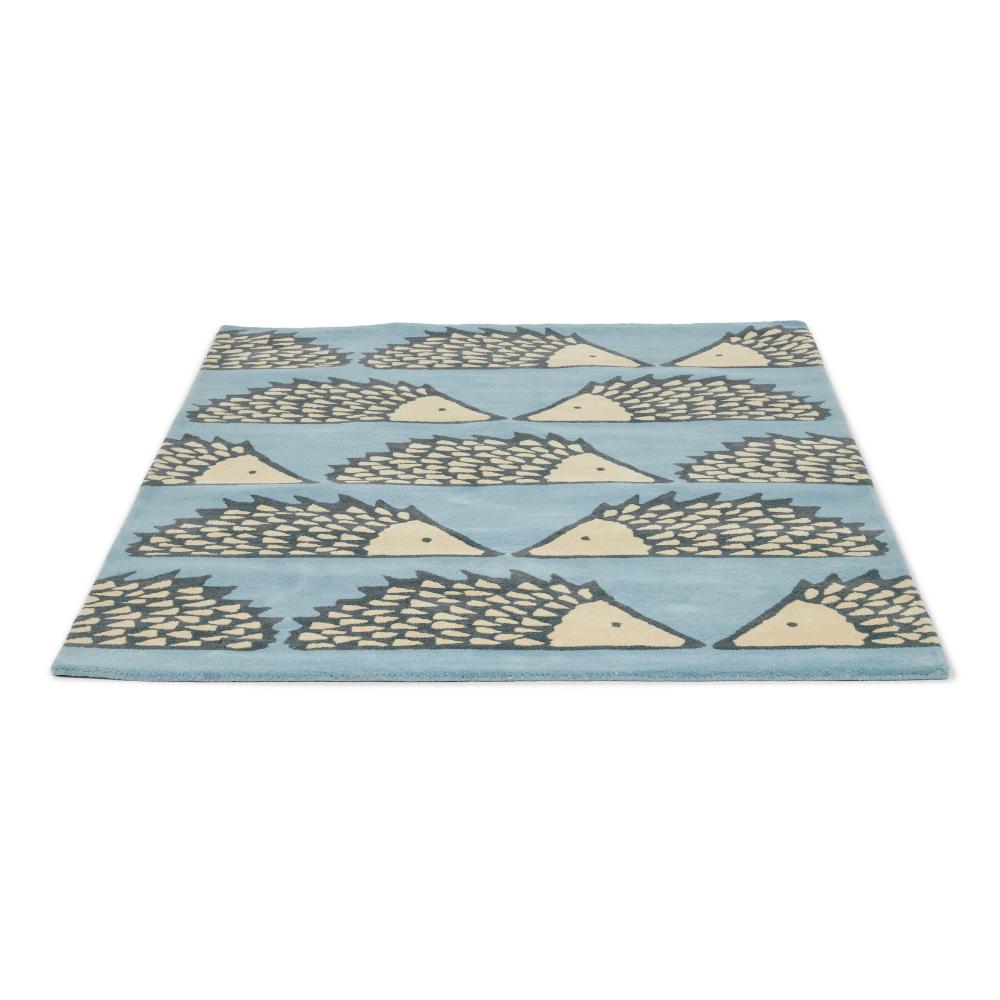 blue hedgehog design kids wool rug angled image - House