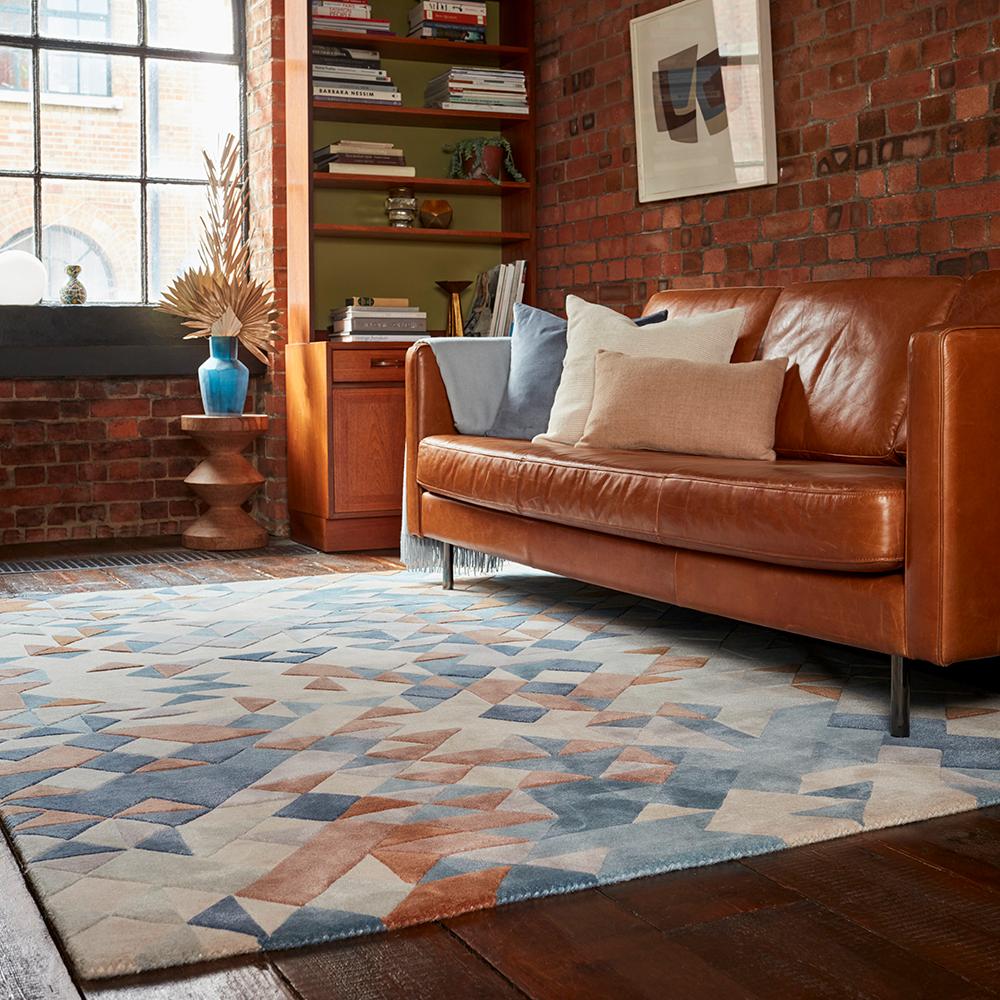 3D effect geometric design wool rug in blue