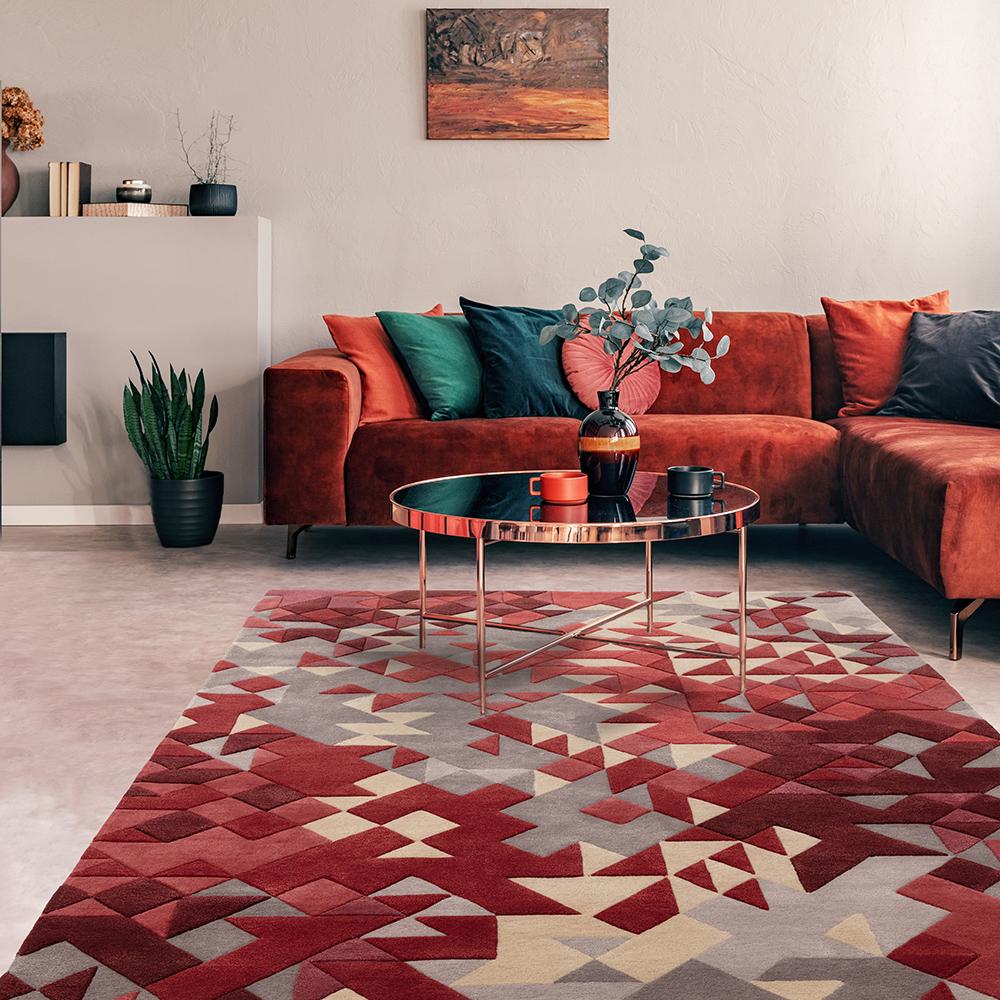 3D effect geometric design wool rug in red