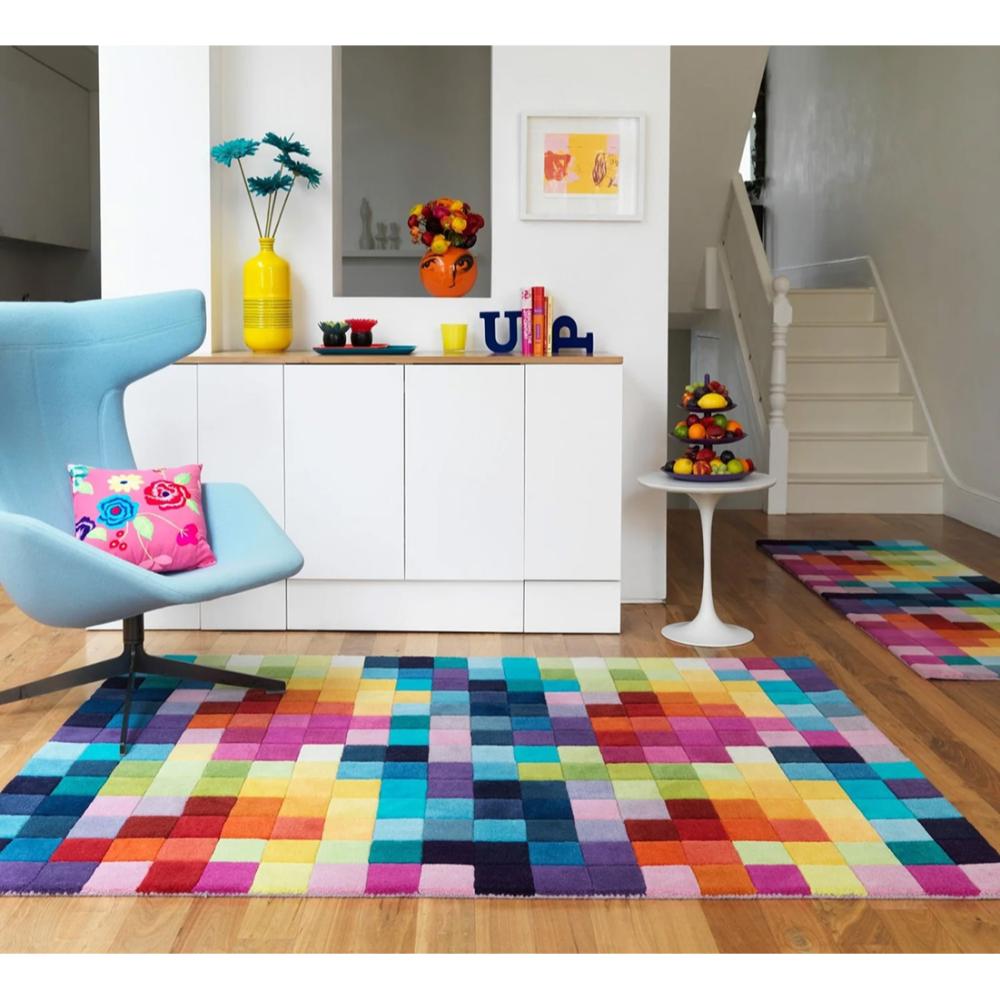 multicoloured small grid wool rug in living room