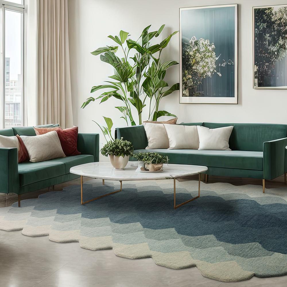blue gradient honeycomb design wool rug
