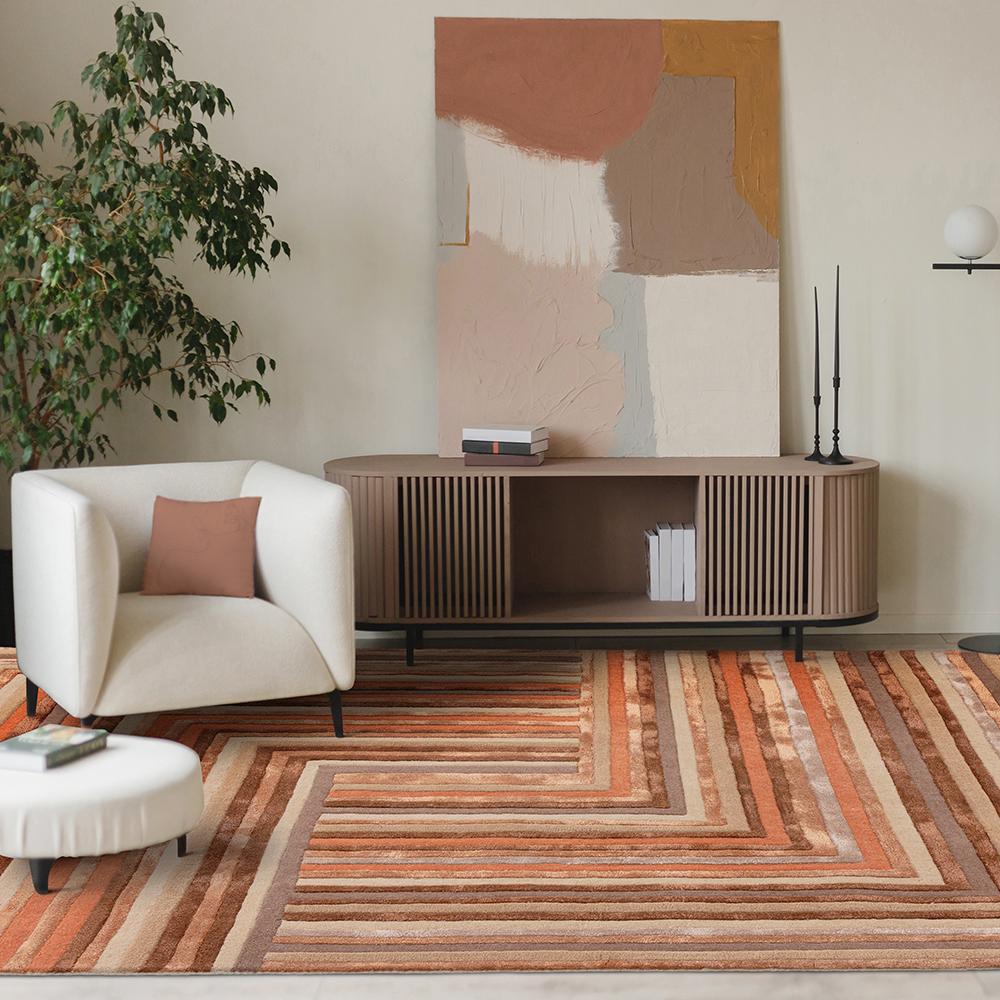 brown lined design wool rug in loungeroom
