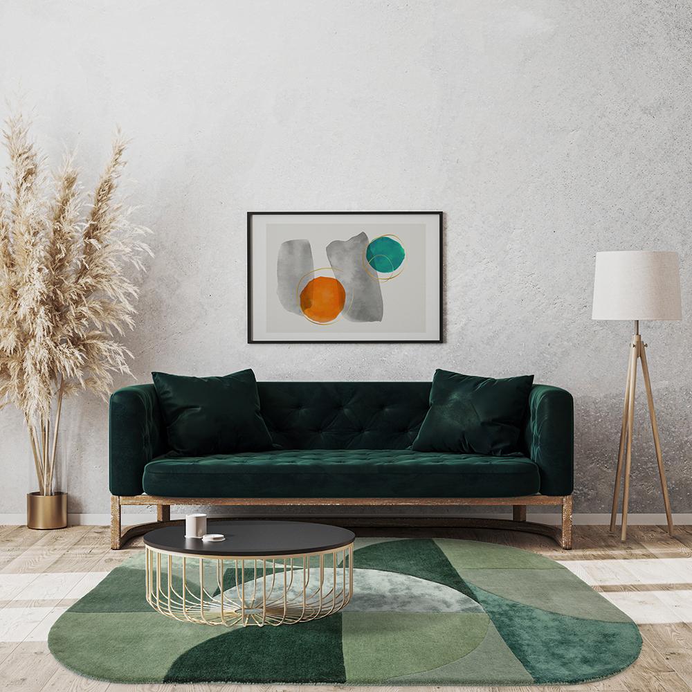 Green abstract curves design wool rug in loungeroom