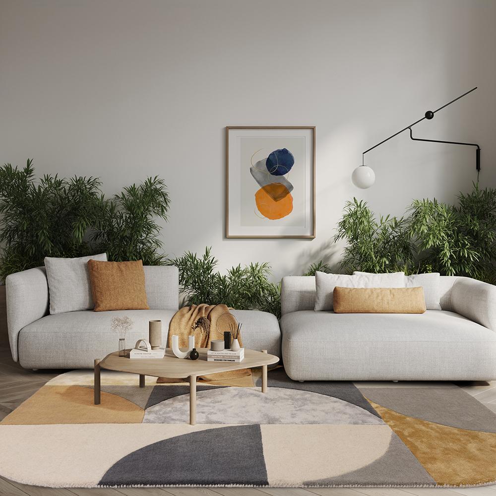 Yellow abstract curves design wool rug in loungeroom