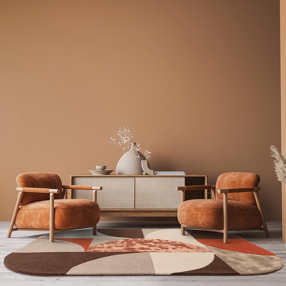 Red abstract curves design wool rug in loungeroom