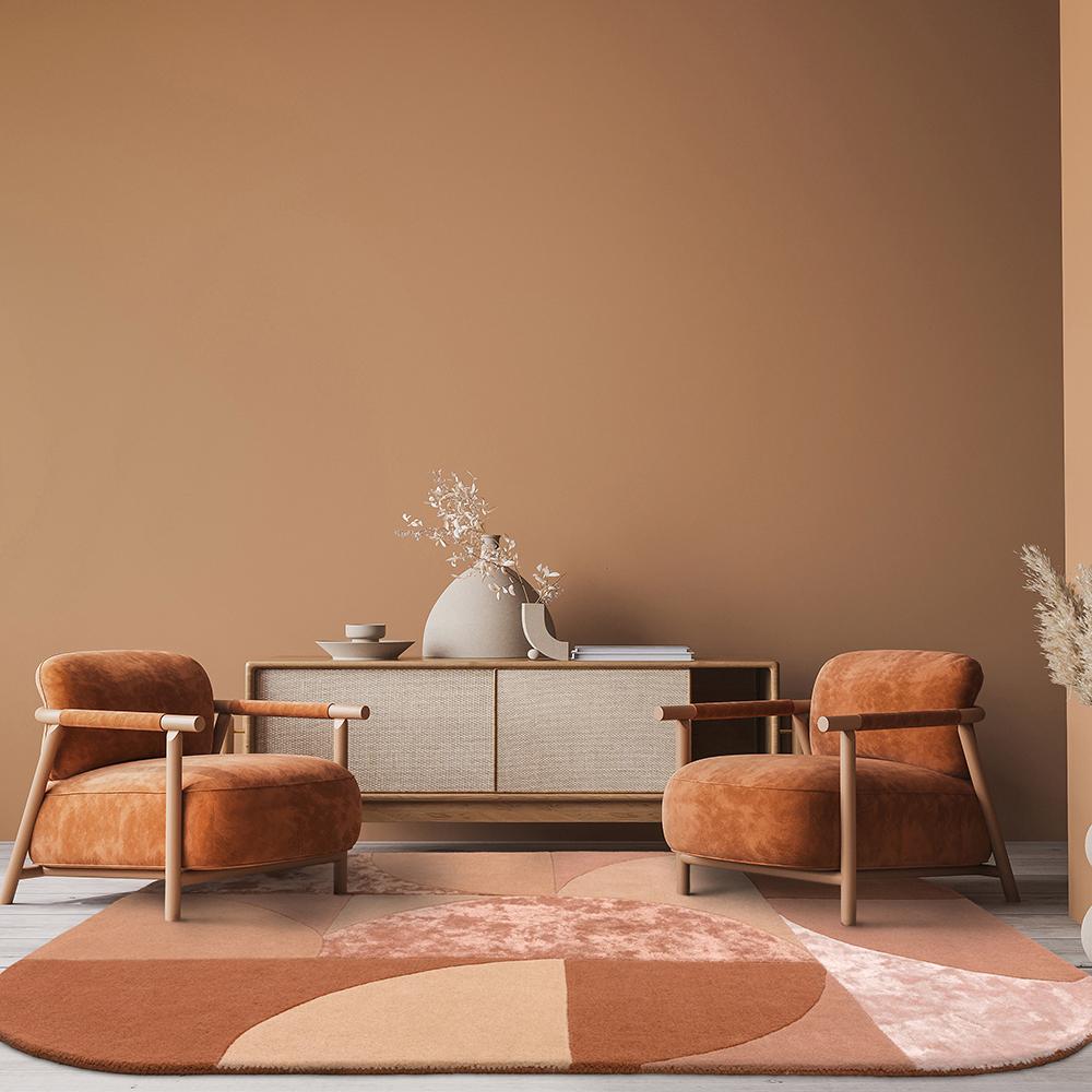 Brown abstract curves design wool rug in loungeroom