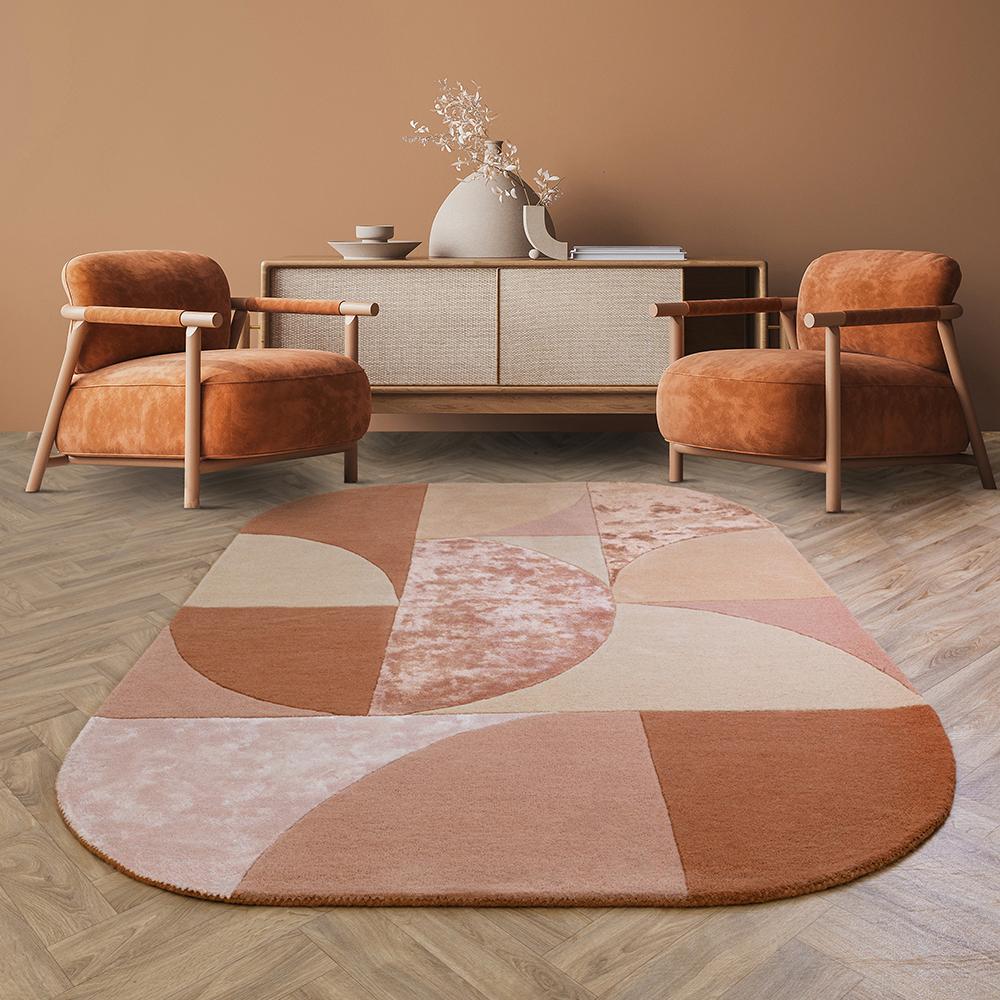 Brown abstract curves design wool rug in loungeroom