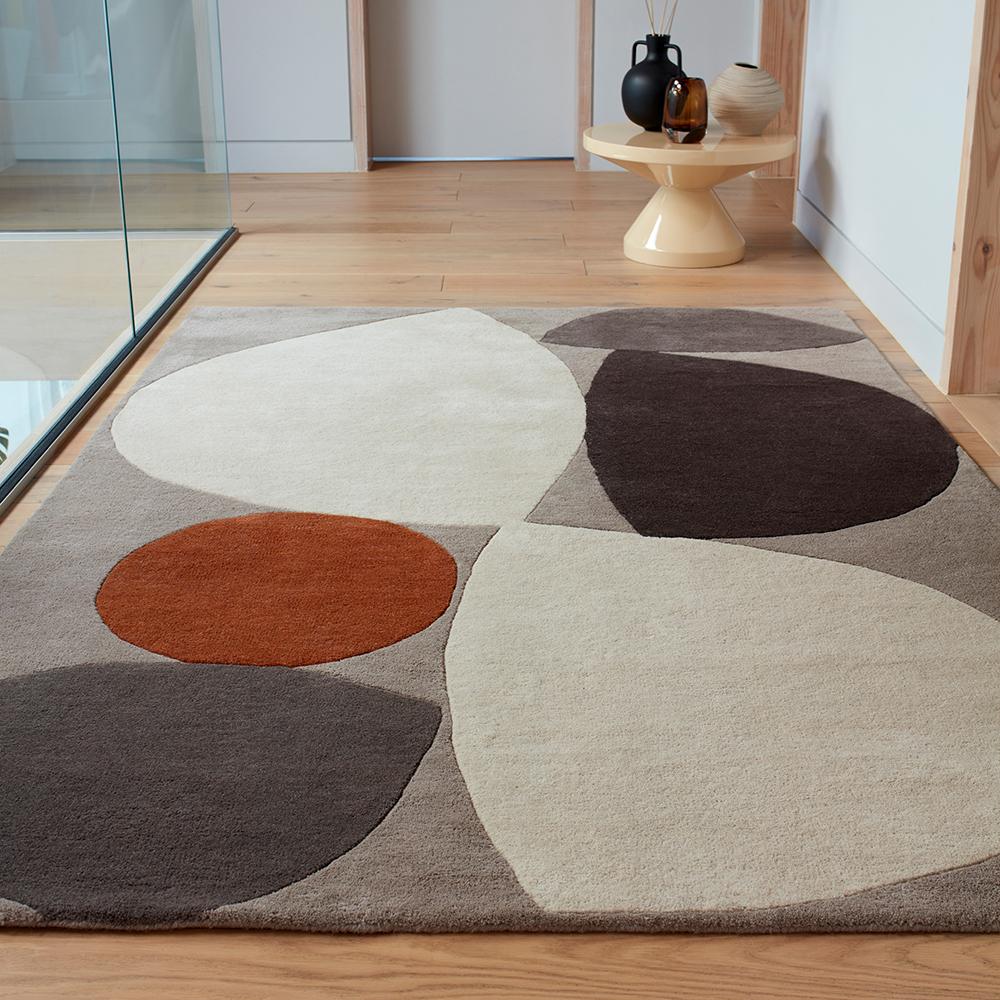 abstract semi circle design grey wool rug