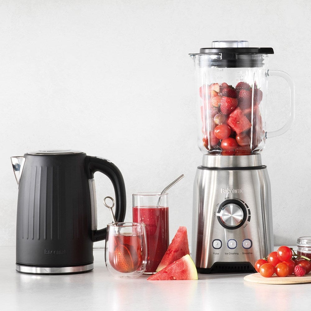 Baccarat The Boiling Point Kettle in Black at House. Black kettle next to a silver blender