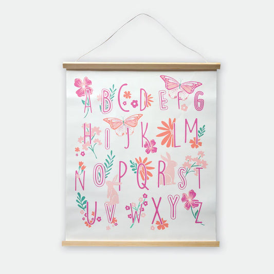 Framed alphabet poster with decorative letters and illustrations on a white background