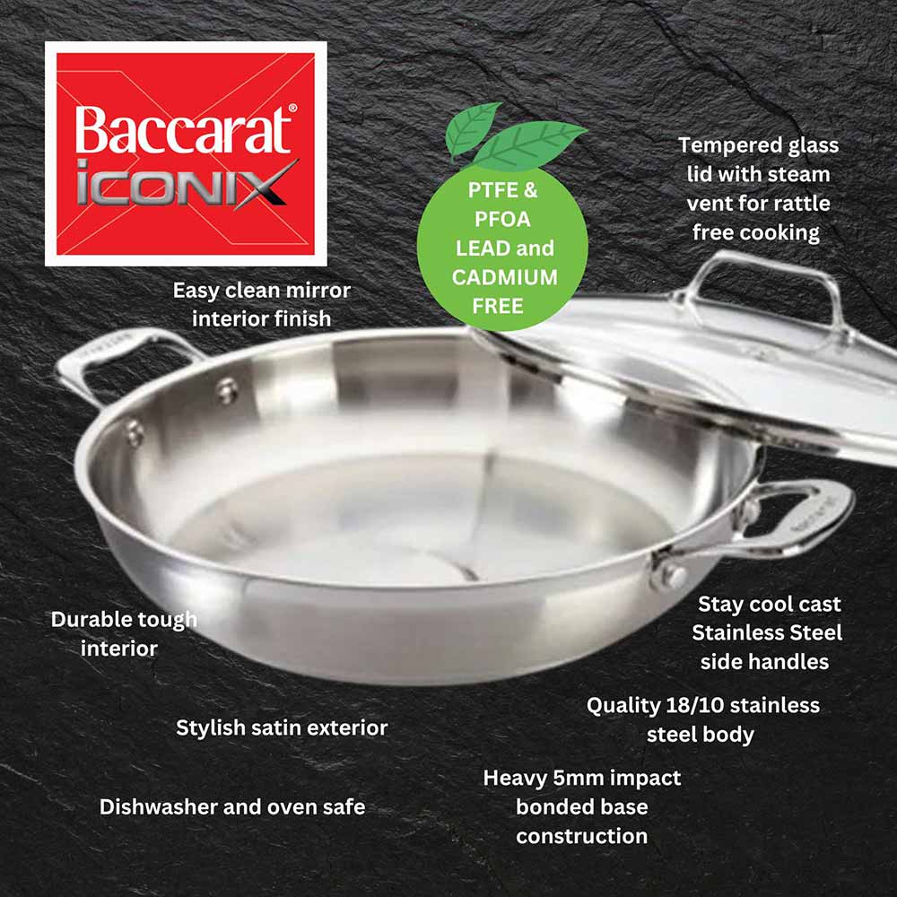Baccarat iconiX Stainless Steel Chef Pan with Lid features and benefits infographic at House