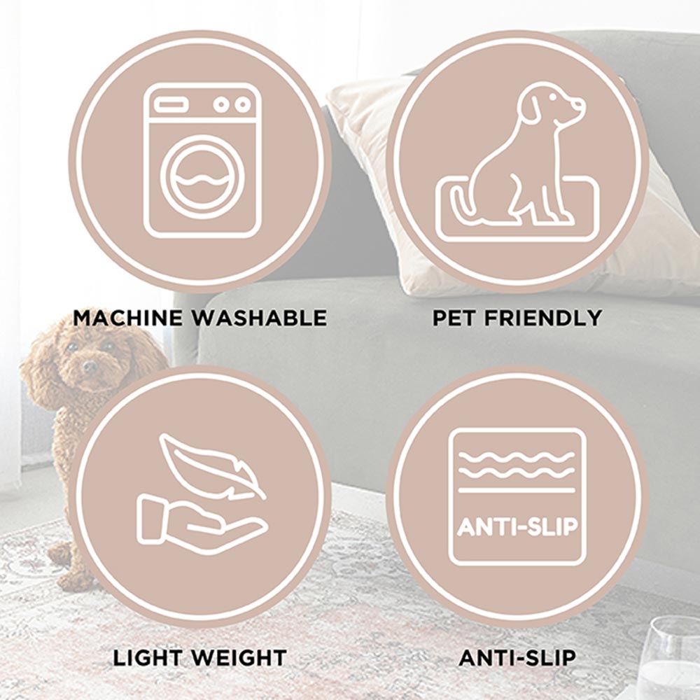 Rug Culture Icons Infographic. Machine washable, pet friendly, light weight, anti-slip