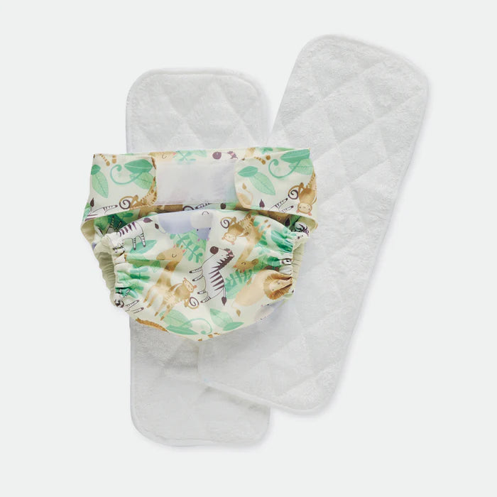 Patterned baby diaper with a plain white diaper on a light gray background