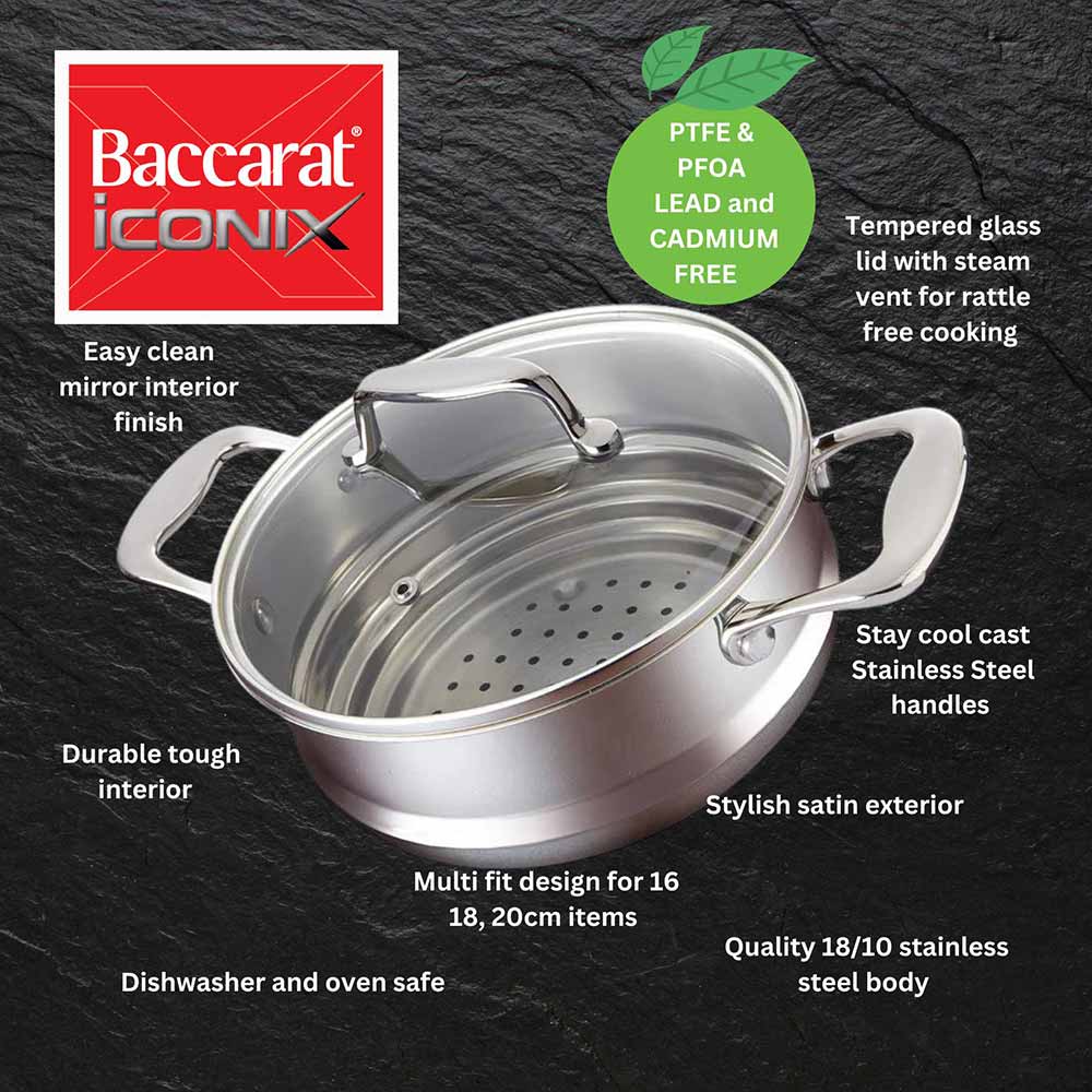 Baccarat iconiX Stainless Steel Universal Steamer Insert with Lid features and benefits infographic at House